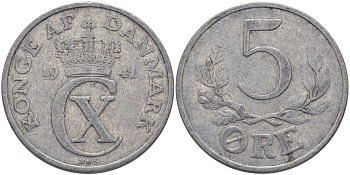Дания 5 эре 1941 N; S, Кристиан X (1912-1947) KM 834 алюминий 97-1136