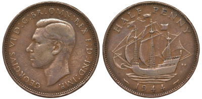 Великобритания 1/2 пенни 1944 Георг VI (1936-1952) KM 844, Spink 4115 бронза 4122-756