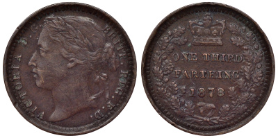 Великобритания 1/3 фартинга 1878 Виктория (1837-1901) KM 750, Spink 3960 бронза 1531-235