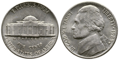 США 5 ЦЕНТОВ 1989 Р, ДЖЕФЕРСОН KM А192 медно-никель 3999-121
