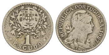 Португалия 1 эскудо 1927 голова Свободы вправо KM 578 никель латунь 4654-246
