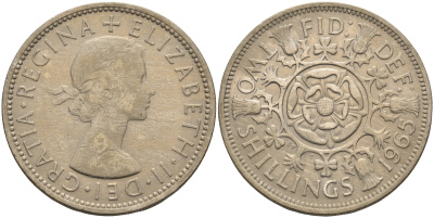 Великобритания 2 шиллинга (флорин) 1965 Елизавета II (1952-2022) KM 906, Spink 4146 медно-никель 4367-1236