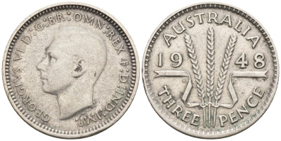 Австралия 3 пенса 1948 KG, Георг VI (1937-1952) KM 37a серебро 4585-257