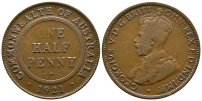 Австралия 1/2 пенни 1921 Георг V (1910-1936) KM 22 бронза 4384-157