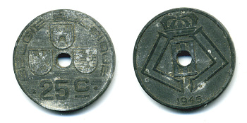 Бельгия 25 сантимов 1945 Belgie-Belgique, Леопольд III (1934-1947), германская оккупация KM 132 цинк 86-1032