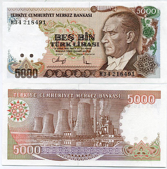 Турция 5000 лир 1990 ПРЕЗИДЕНТ КЕМАЛЬ АТАТЮРК, ТЭЦ Pick 198 бумага UNC (пресс) 7552-62-1
