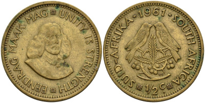 ЮАР 1/2 цента 1961 птички на ветке, Ян ван Райбек KM 56 латунь 4593-946