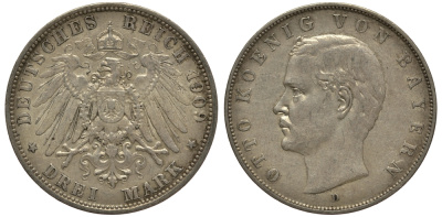 Бавария 3 марки 1909 Отто (1886-1913) Weege 45, J. 47, KM 515 серебро 3711-1931