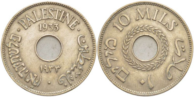 Израиль, Палестина 10 милсов 1933 Британская администрация, редкий год KM 4 медно-никель 4185-1215