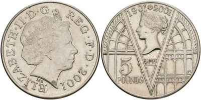 Великобритания 5 фунтов 2001 Елизавета II (1952-2022), 100 лет со дня смерти Королевы Виктории KM 1015, Spink L9 медно-никель UNC 4552-715