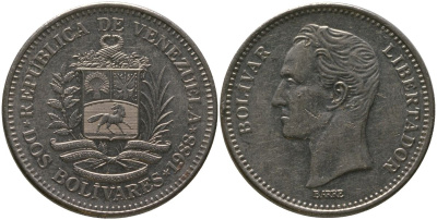 Венесуэла 2 боливара 1988 Симон Боливар KM 43 никель 4565-225
