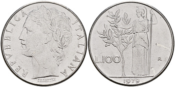 Италия 100 лир 1979 R, Афина в доспехах KM 96.1 нержавеющая сталь 4149-343