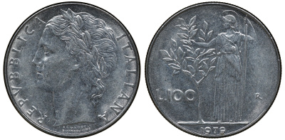 Италия 100 лир 1979 R, Афина в доспехах KM 96.1 нержавеющая сталь aUNC 72-927