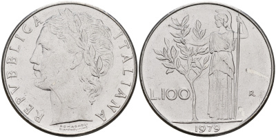 Италия 100 лир 1979 R, Афина в доспехах KM 96.1 нержавеющая сталь 4149-343