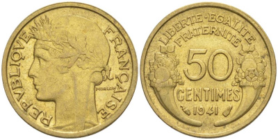 ФРАНЦИЯ 50 САНТИМОВ 1941 ТИП MORLON KM 894.1, LE FRANC 192.18 алюминиевая бронза 44-623