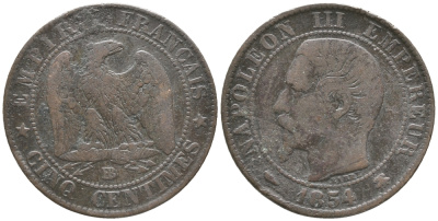 Франция 5 сантимов 1854 BB, Наполеон III (1852-1870) KM 777.3, Le Franc 116.10 бронза 34-425