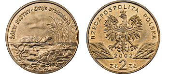 Польша 2 злотых 2002 MW, серия сохраним наш мир, болотные черепахи KM 427 нордик UNC 4526-641