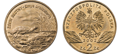 Польша 2 злотых 2002 MW, серия сохраним наш мир, болотные черепахи KM 427 нордик UNC 4526-641