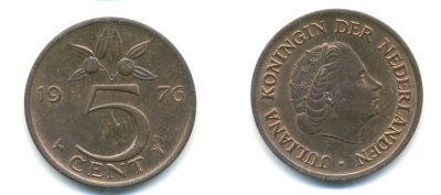 Нидерланды 5 центов 1976 Юлиана (1949-1980) KM 181 бронза 83-854
