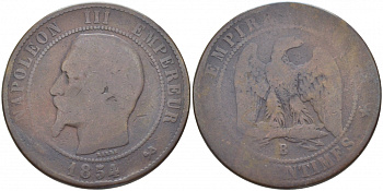 Франция 10 сантимов 1854 B, Наполеон III (1852-1870) KM 771.2 бронза 3460-941