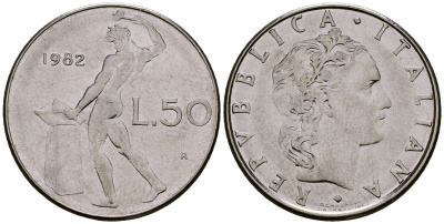 Италия 50 лир 1982 KM 95.1 нержавеющая сталь 4176-254